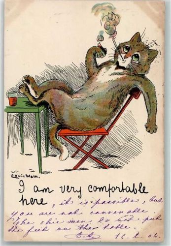 1904 I am very comfortable here Katze Rauchen Tiere vermenschlicht