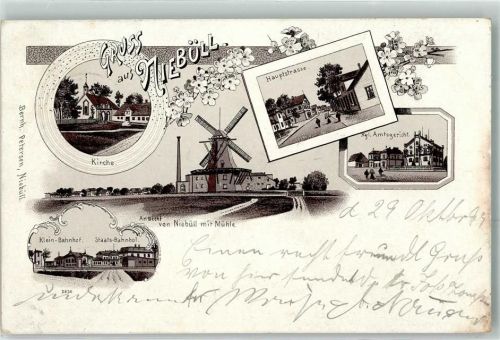 25899 W2260 Niebüll 1899 Lithographie Kirche Hauptstraße Kgl. Amtsgericht Windmühle Klein-Bahnhof Staats-Bahnhof