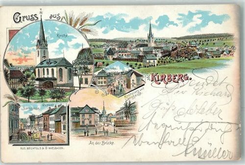 65597 W6257 Kirberg , Kr Limburg a d Lahn 1904 Lithographie Kirche Apotheke Kirchplatz Langgasse An der Brücke Postamt