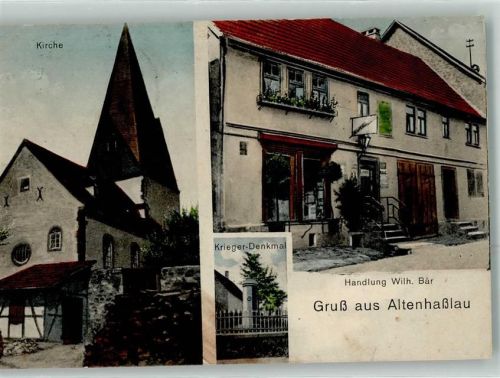 63589 W6464 Altenhaßlau 1915 - Kirche Kriegerdenkmal Geschäft Emailleschild
