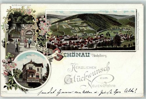 69250 W6917 Schönau , Odenw 1900 Lithographie Altes Klostertor Apotheke Glückwunsch Neujahr