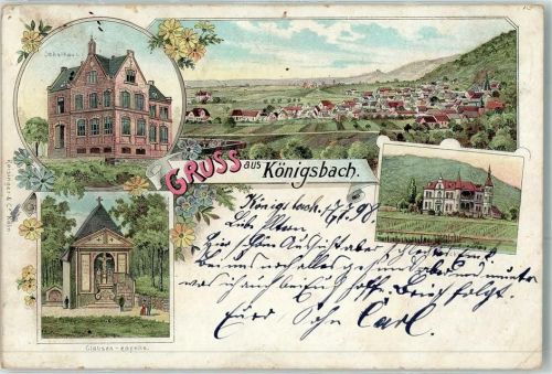 67433 W6730 Königsbach an der Weinstraße 1898 Lithographie Schulhaus Clausen-Kapelle