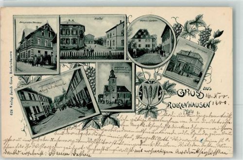 67806 W6760 Rockenhausen 1900 - Evangel. Pfarrhaus Bahnhof Schloss Apotheke Kath. Pfarrhaus Hauptstraße Kath. Kirche Marktplatz Ev. Kirche Kriegerdenkmal
