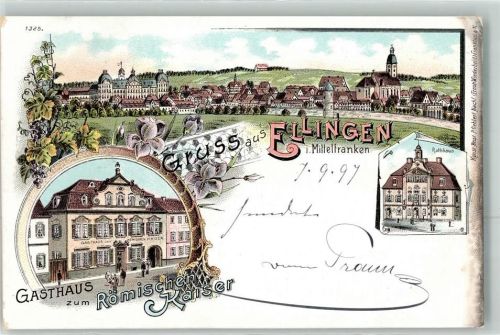 91792 W8836 Ellingen , Bay 1897 Lithographie Gasthaus Zum römischen Kaiser Rathaus