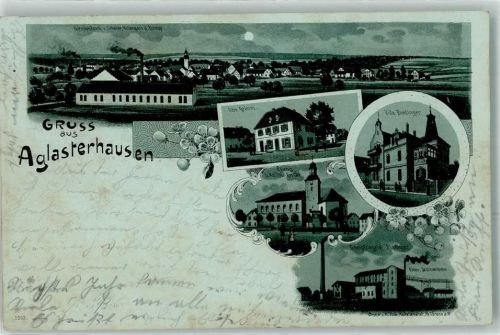 74858 W6955 Aglasterhausen 1900 Lithographie / Mondschein Geschäft Otto Grimm Villa Ruedinger Ev. Kirche Kath. Kirche Dampfziegelei Ruedinger Elektr. Drahtseilbahn
