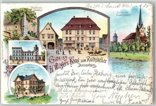 Dannenberg 1899 Prochaska Denkmal Kirche Waidemarturm Rathskeller H. Wilgers Hotel Bahnhof Johanniter-Krankenhaus