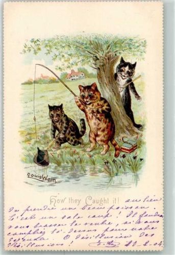 Katzen Angeln Tiere vermenschlicht Raphael Tuck & Sons Calendar Postcard Nr 5892 How they Caught it