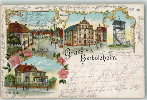 79336 W7834 Herbolzheim , Breisgau 1907 Lithographie Uttengasse Rathaus Turm auf dem Kahlenberg Villa Heppe