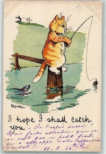 1904 I hope I shall catch you Katze Angeln Tiere vermenschlicht