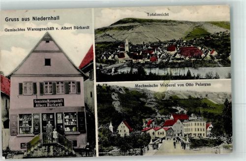 Niedernhall 1910 Gemischtes Warengeschäft Albert Bürkardt Emailleschild Mechanische Weberei Otto Pelargus