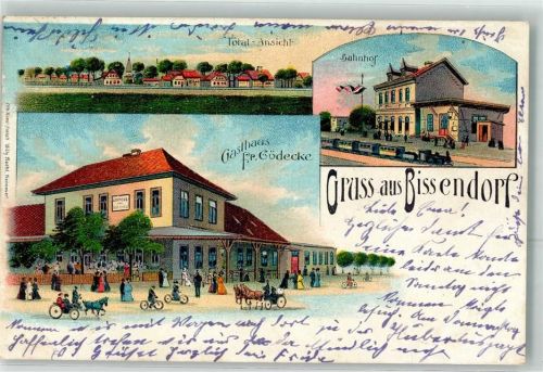 30900 W3002 Bissendorf , Han 1904 Lithographie Bahnhof Eisenbahn Gasthaus Fr. Gödecke