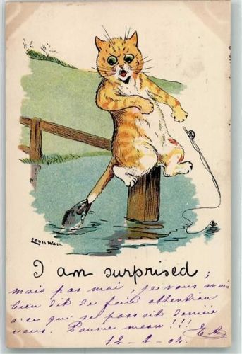 I am surprised Katze Angeln Fisch beisst in Schwanz Tiiere vermenschlicht Wain, Louis 1904