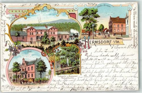Hermsdorf 1898 Bahnhof Post Postkutsche Park Springbrunnen Schule