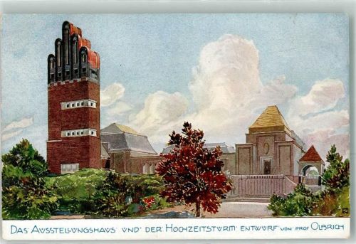 Darmstadt Ausstellungshaus Hochzeitsturm Ausstellungs-Künstlerkarte der Hessischen Landesausstellung 1908