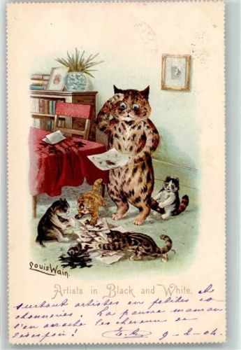 Artists in Black and White Tintenfass Katze Katzenkinder Tiere vermenschlicht Raphael Tuck & Sons Calendar Postcard Nr 5892 Wain, Louis