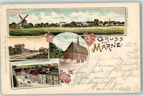 Marne 1898 Windmühle Bahnhof Kirche Glockenhaus Markt