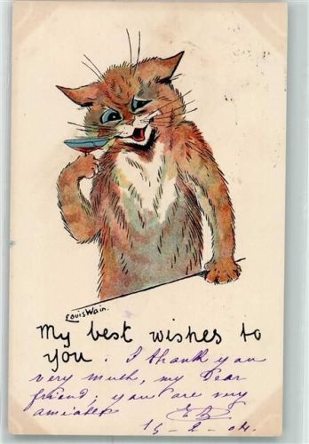 Katze Drink My best wishes to you Tiere vermenschlicht Wain, Louis 1904