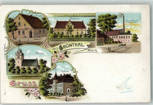 39291 O3272 Friedensau Lithographie Grünthal Gasthaus F. Lenz Pastorei Brennerei Inspektorhaus Kirche Schloss