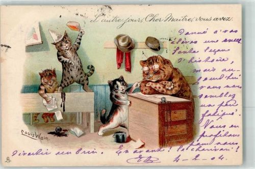 Lautre jour Cher Maitre vous avez Katzen Schule Unterricht Tintenfass Tiere vermenschlicht Serie 331 Raphael tuck et Fils Wain, Louis 1904