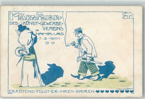 W2000 Hamburg März feier des Kunst Gewerbe Vereins 07. März 1901 Errötend folgte er ihren Spuren sign A. Schaubach Rauchen Künstlerfest