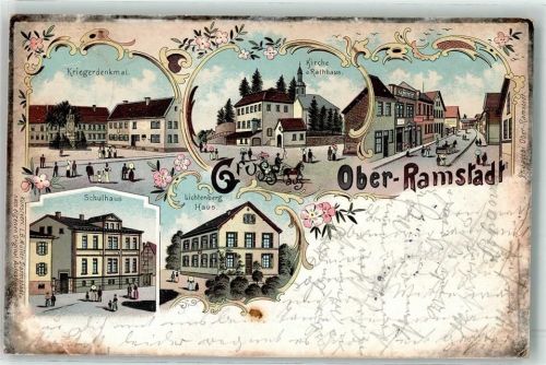 Ober-Ramstadt 1897 Kriegerdenkmal Kirche Rathaus Schulhaus Lichtenberg Haus