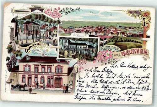 67595 W6521 Bechtheim , Rheinhess Lithographie Marktplatz Kirche Gasthaus Zur Traube Chr. Brenner