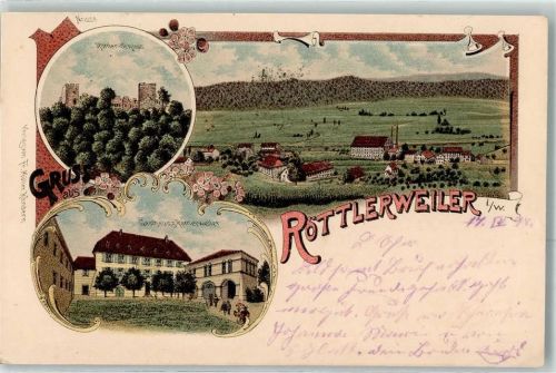 79539 W7850 Röttlerweiler , Baden 1898 Lithographie Röttler Schloss Gasthaus