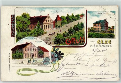 30900 W3001 Elze 1901 Lithographie Schule Kapelle Bahnhof Eisenbahn Geschäftshaus H. A. Gruns Kornblume