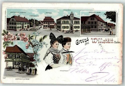 Willstätt 1898 Gasthaus Zum Schwanen Kriegerdenkmal Rathaus Schulhaus Gasthaus Zum Adler Gasthaus Zur Krone Trachtenpaar Volkstracht Bahnpost Frankfurt