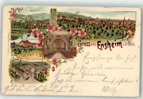 Ensheim 1898 Gräfinthal Elektr. Kraft Station Dosen- und Spulen- Fabrik Kath. Kirche