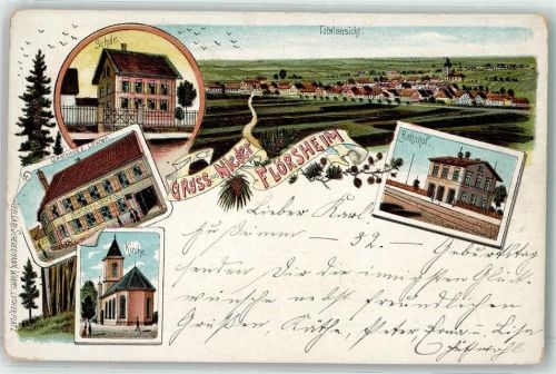 65439 W6093 Flörsheim am Main Lithographie Schule Gasthaus Zum Löwen Kirche Bahnhof