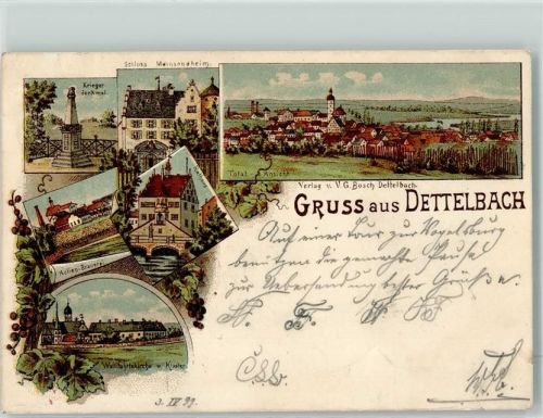 97337 W8716 Dettelbach 1899 Lithographie Kriegerdenkmal Schloss Mainsondheim Actien Brauerei Rathaus Wallfahrtskirche Kloster