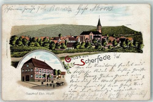 Scherfede 1914 Gasthaus Ebh. Wulff Leuchte Bahnpost Hagen Zug 622