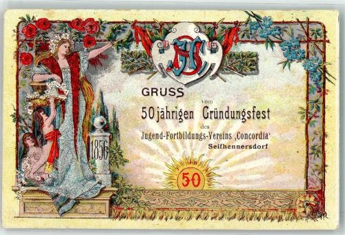 02782 O8812 Seifhennersdorf 1906 Lithographie 50 jähriges Gründungsfest des Jugend-Fortbildungs-Vereins Concordia