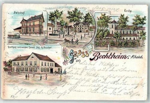 67595 W6521 Bechtheim , Rheinhess 1900 Lithographie Bahnhof Marktplatz Kirche Gasthaus Zum weißen Lamm H. Buscher