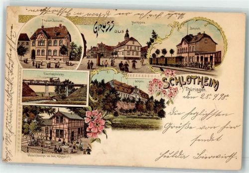 99994 O5706 Schlotheim 1898 Lithographie Kaiserl. Postamt Marktplatz Bahnhof Eisenbahn Eisenbahnbrücke Waldschlösschen vor dem Königsholz Schloss