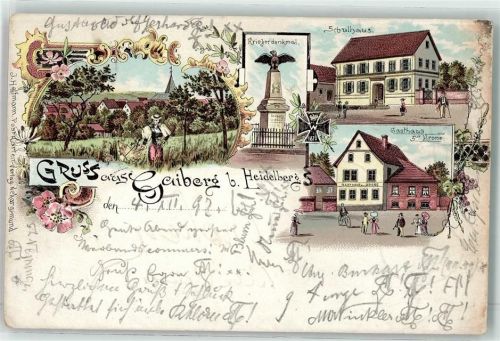 69251 W6901 Gaiberg , Baden 1897 Lithographie Kriegerdenkmal Schulhaus Gasthaus Zur Krone