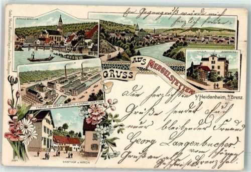89518 W7920 Mergelstetten 1899 Lithographie Brenz Brücke Fabrik Gebr. Zeobritz Gasthaus Zum Hirsch Villa Zoepritz