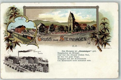 Steinhagen Bahnhof Eisenbahn Brennerei Tasche Steinhäger Werbung