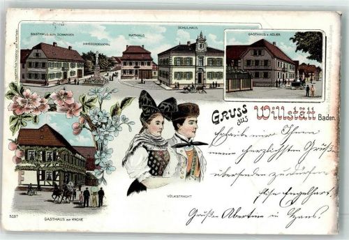 Willstätt 1898 Gasthaus Zum Schwanen Kriegerdenkmal Rathaus Schulhaus Gasthaus Zum Adler Gasthaus Zur Krone Trachtenpaar Volkstracht