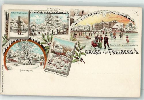 O9200 Freiberg , Sachs Schwedendenkmal Albertpark An der Königsallee Schneemann Schlittschuhe Muff Landgericht Kreuzteich Winterlitho