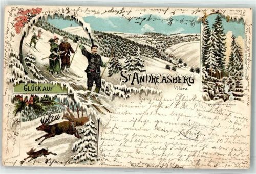 W3424 St. Andreasberg Glück Auf Skifahrer Jagdtiere Wasserfall am Oderteich Winterlitho 1897