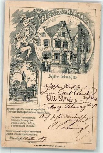 Marbach 1897 Vorläufer Druck 1880 - 1889 Schillers Geburtshaus Denkmal Engel