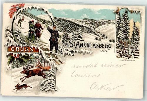 W3424 St. Andreasberg Skifahrer Jagdtiere Wasserfall am Oderteich Winterlitho