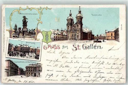 St. Gallen S. Gallo Domkirche Monumentalbrunnen Marktplatz Kantonalbank Rathaus Mit Glimmerauflage Winterlitho 1899