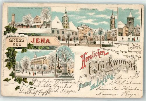 O6900 Jena Kriegerdenkmal Forsthaus Rathaus Markt Affenturm Universität Burschenschaftsdenkmal Flückwunsch Neujahr Winterlitho 1898