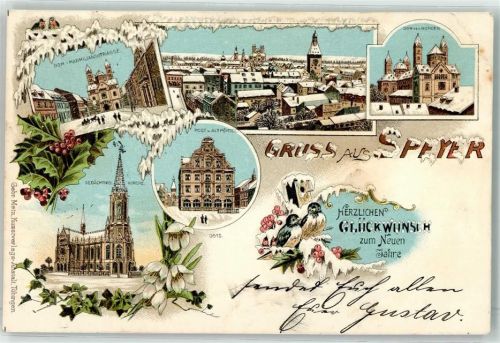 W6720 Speyer Dom Maximilianstraße Post Altpörtel Gedächtniskirche Glückwunsch Neujahr Winterlitho Gebrauchsspuren