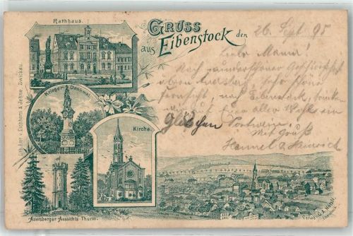 08309 O9405 Eibenstock 1895 - Vorläufer Druck 1880 - 1889 Rathaus Kriegerdenkmal Auersberger Aussichtsturm Kirche Bahnpost Chemnitz Zug 611