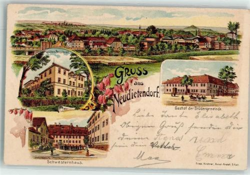 99192 O5103 Neudietendorf 1900 Lithographie Mädchen Pensionat Schwesternhaus Gasthaus der Brüdergemeinde Bahnpost Leipzig - Eisenach Zug 185