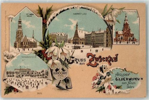 O9500 Zwickau St. Maria Kirche Marktplatz Moritzkirche Schwanenteich Glück Auf Glückwunsch Neujahr Winterlitho Gebrauchsspuren